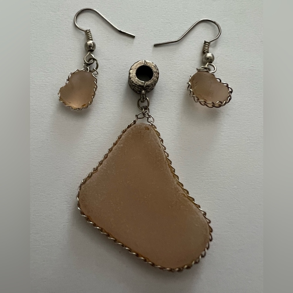 Pink Sea Glass Pendant and Dangle Earrings